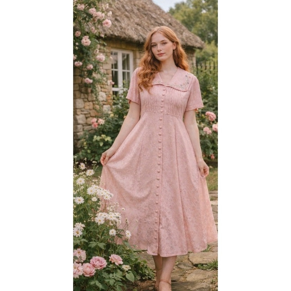 Vintage Pink Cottagecore Prairie Dress Embroidered Collar Romantic Maxi 90s sz 8